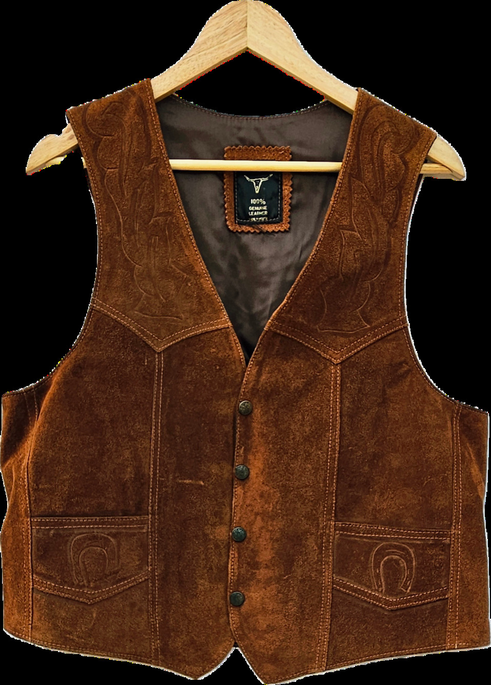 Vintage Mens L Brown Suede Leather Western Vest Horseshoe Horse Made in Mexico